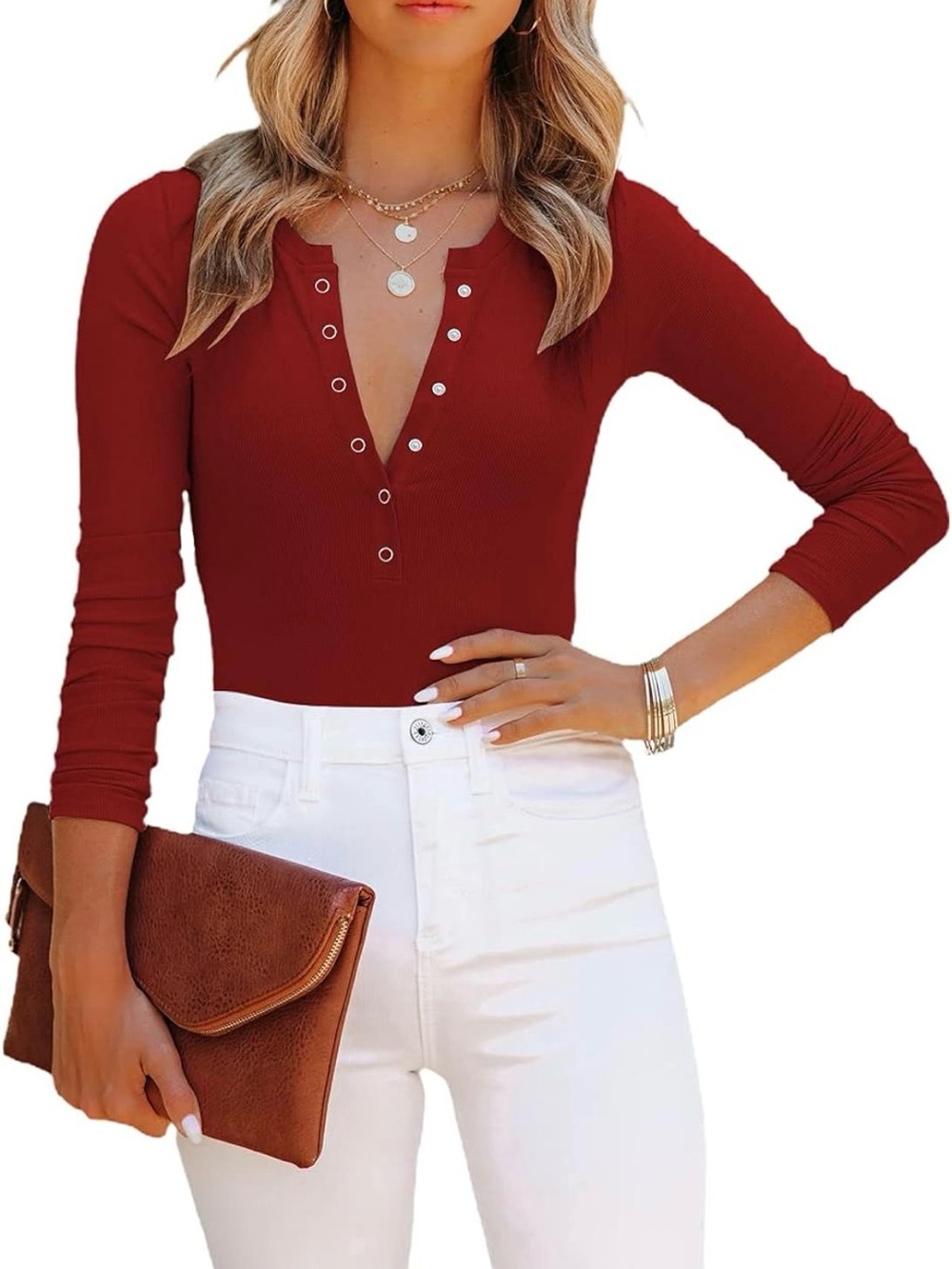 MISSJOY Women’s V Neck Long Sleeve Button Down Ribbed Knit Bodysuits - Picture 3 of 12